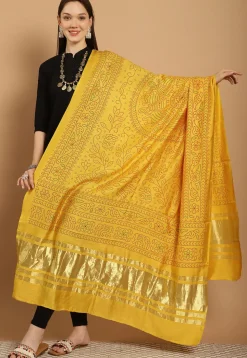 Bandhej Printed Muslin Silk Dupatta in Yellow