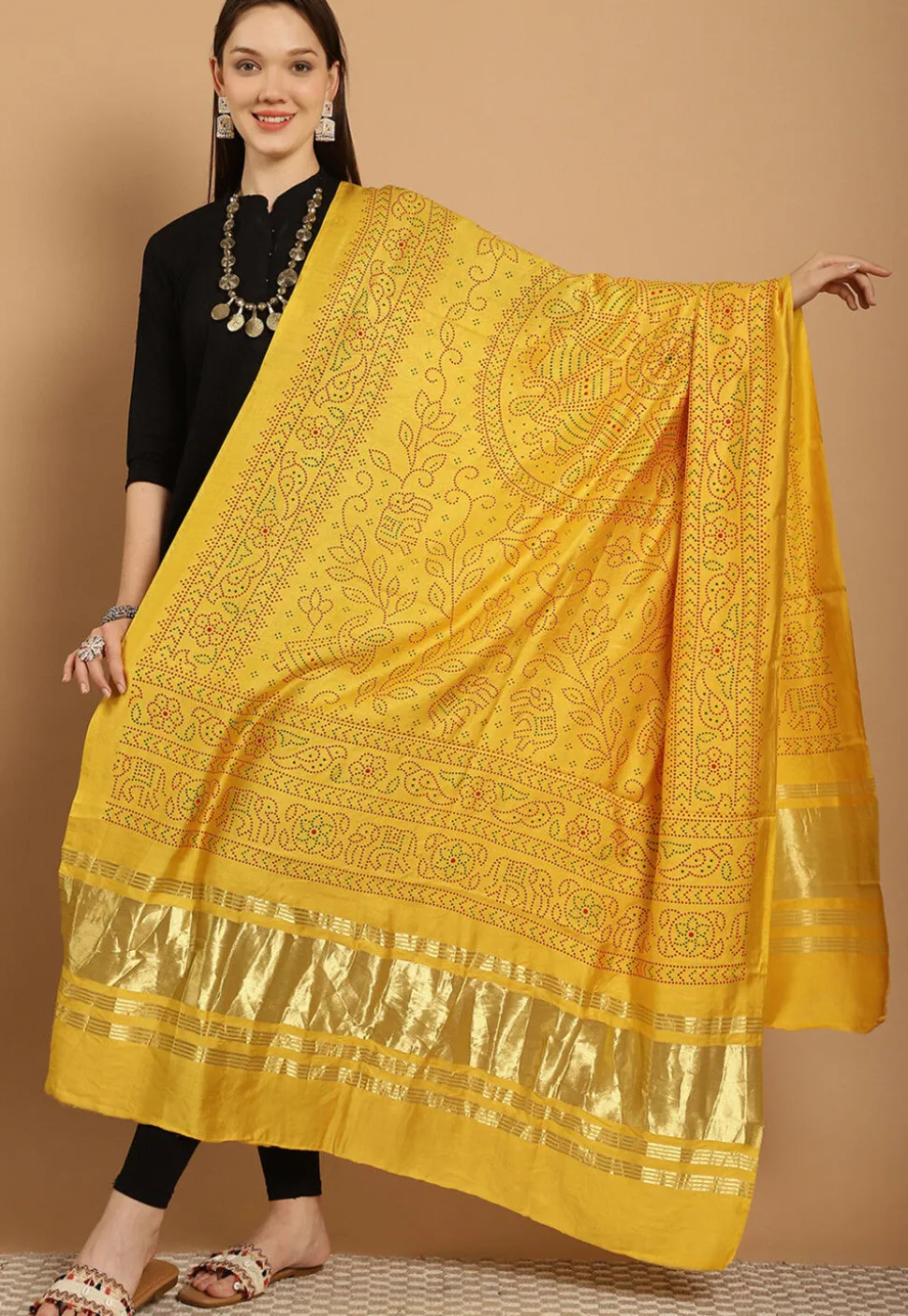 Bandhej Printed Muslin Silk Dupatta in Yellow