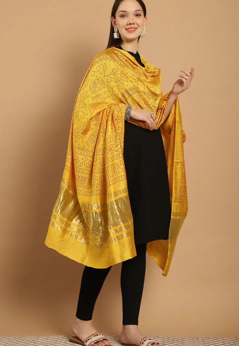 Bandhej Printed Muslin Silk Dupatta in Yellow