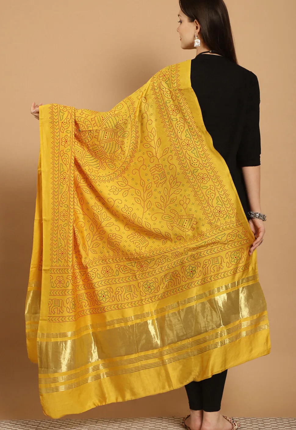 Bandhej Printed Muslin Silk Dupatta in Yellow