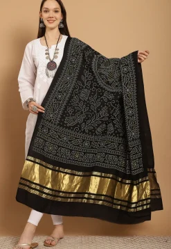 Bandhej Printed Muslin Silk Dupatta in Black