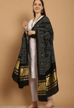 Bandhej Printed Muslin Silk Dupatta in Black