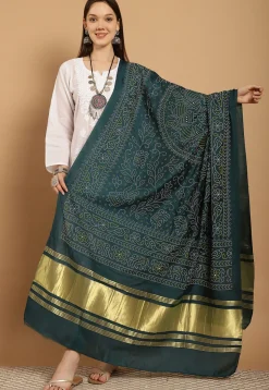 Bandhej Printed Muslin Silk Dupatta in Dark Teal Green