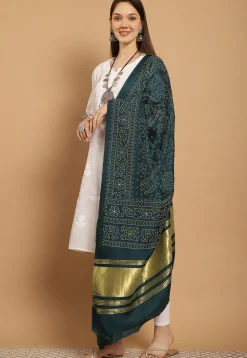 Bandhej Printed Muslin Silk Dupatta in Dark Teal Green