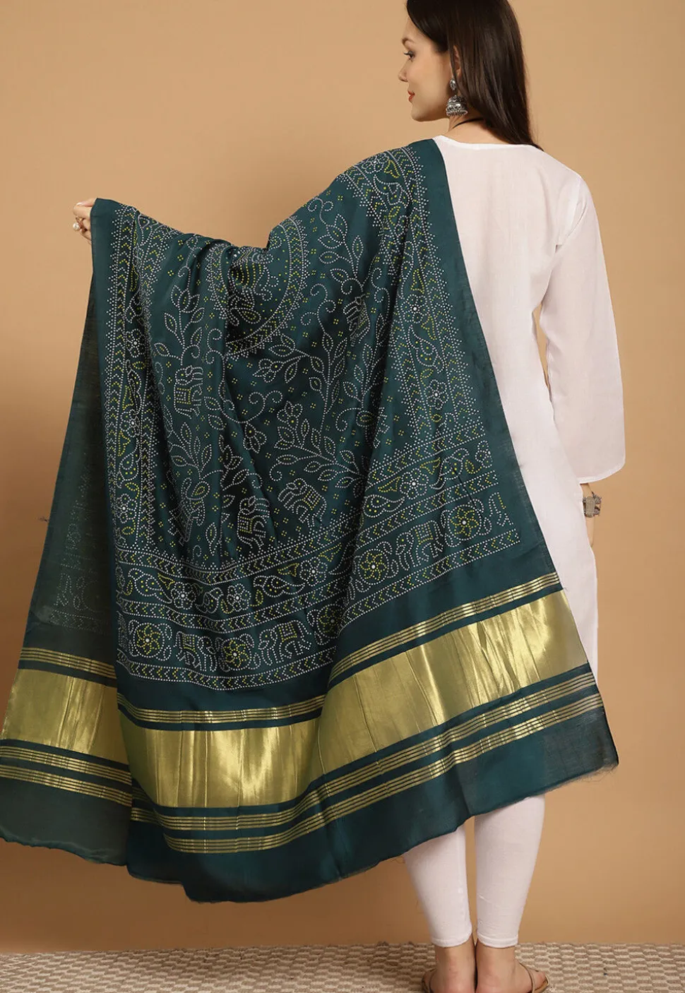 Bandhej Printed Muslin Silk Dupatta in Dark Teal Green