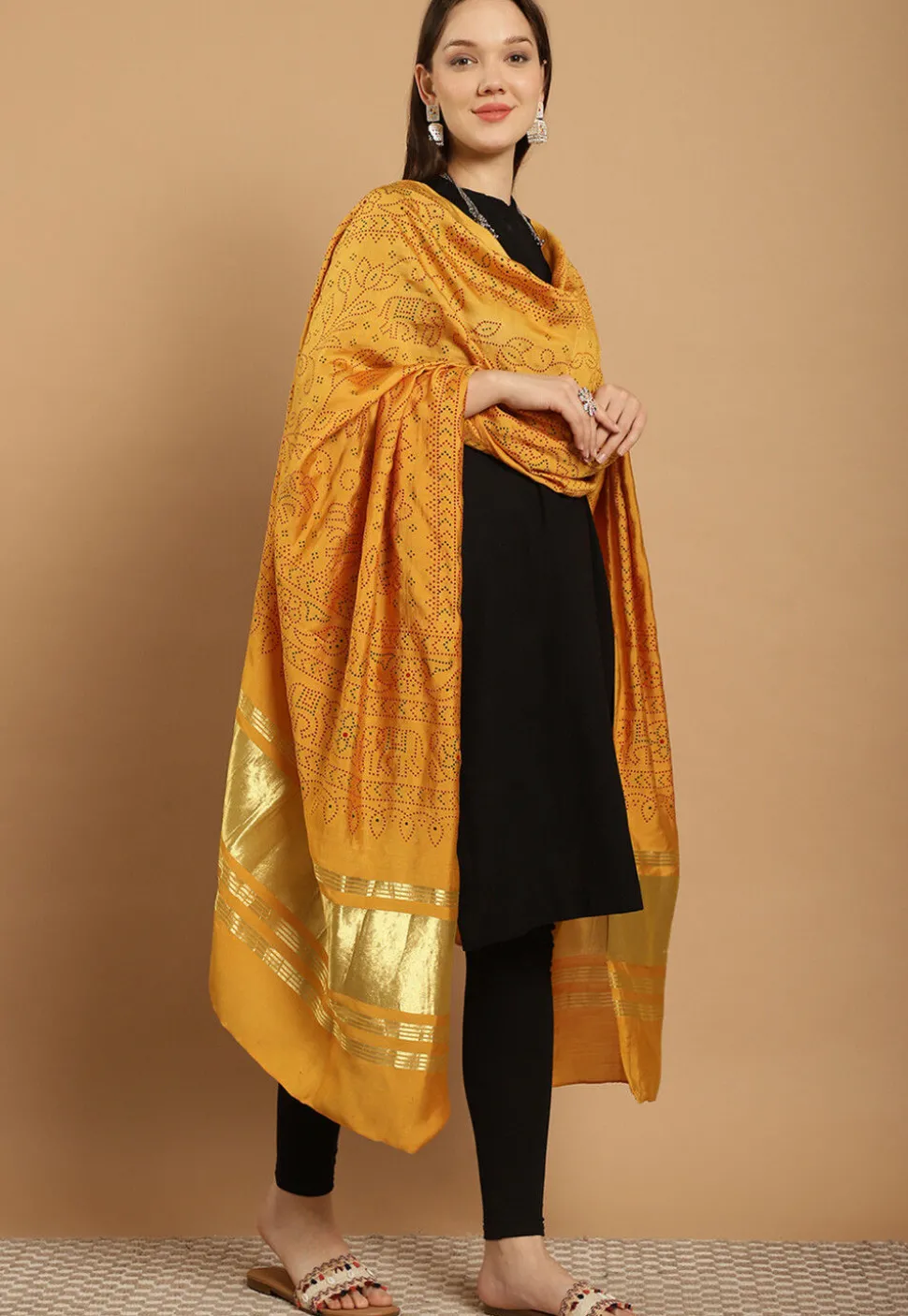 Bandhej Printed Muslin Silk Dupatta in Mustard