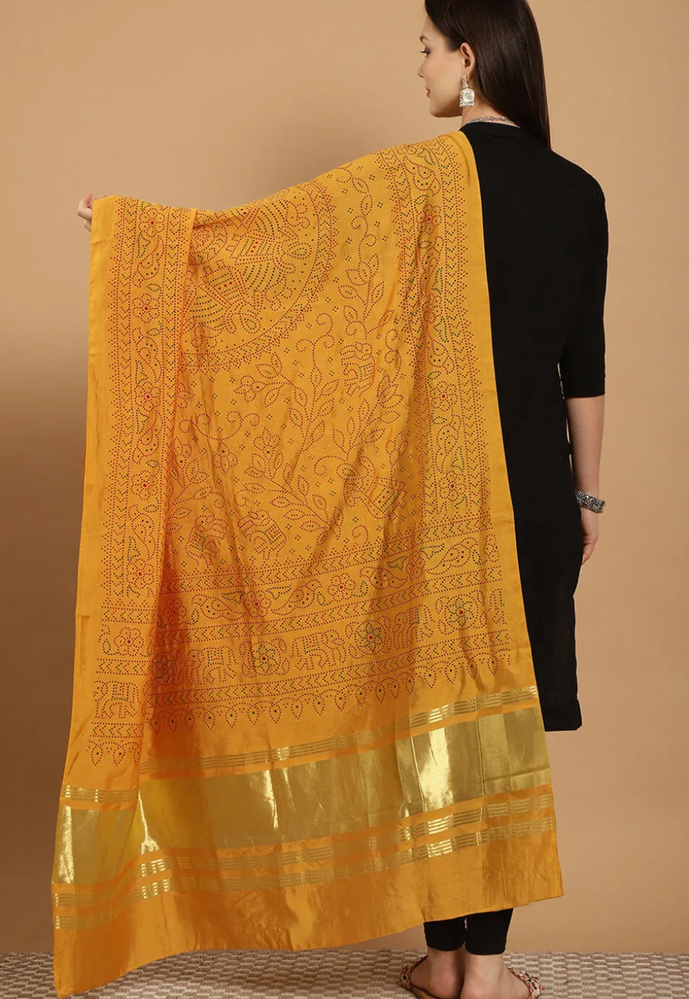 Bandhej Printed Muslin Silk Dupatta in Mustard