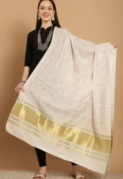 Bandhej Printed Muslin Silk Dupatta in Off White