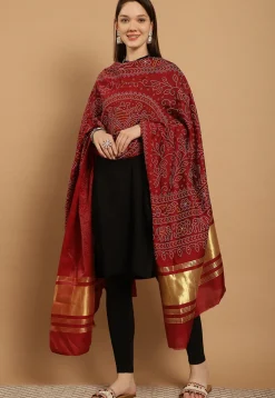 Bandhej Printed Muslin Silk Dupatta in Maroon