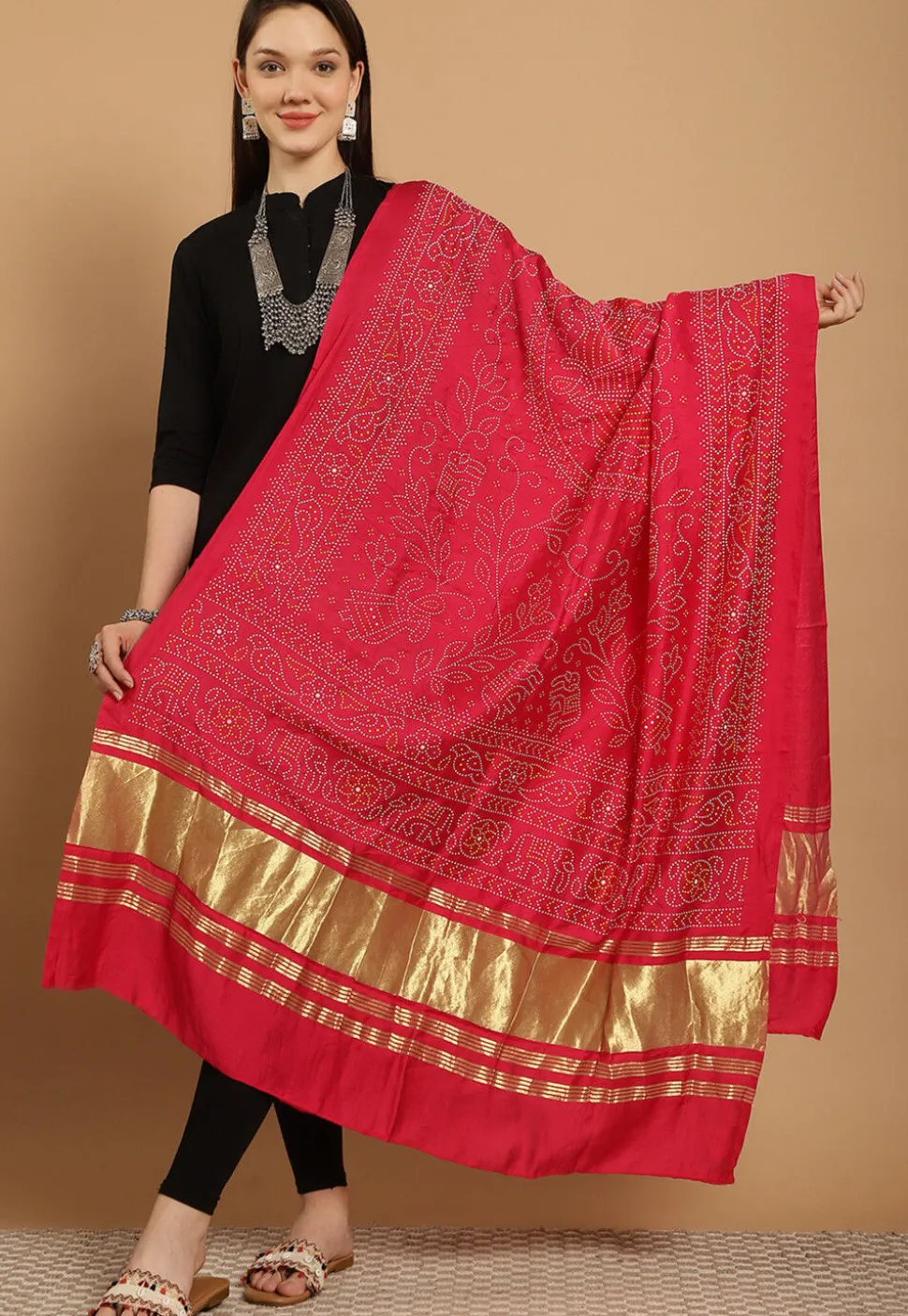 Bandhej Printed Muslin Silk Dupatta in Fuchsia