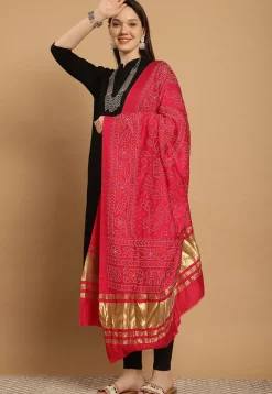 Bandhej Printed Muslin Silk Dupatta in Fuchsia