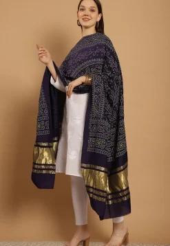 Bandhej Printed Muslin Silk Dupatta in Navy Blue