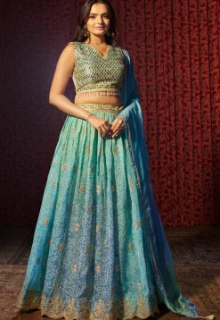Bandhej Printed Organza Lehenga in Blue