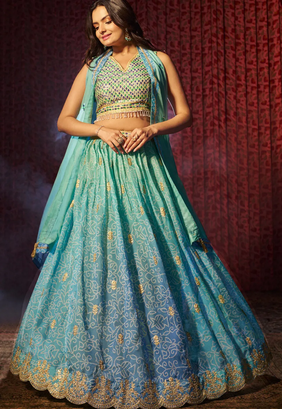 Bandhej Printed Organza Lehenga in Blue