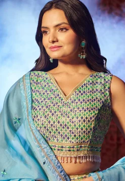 Bandhej Printed Organza Lehenga in Blue