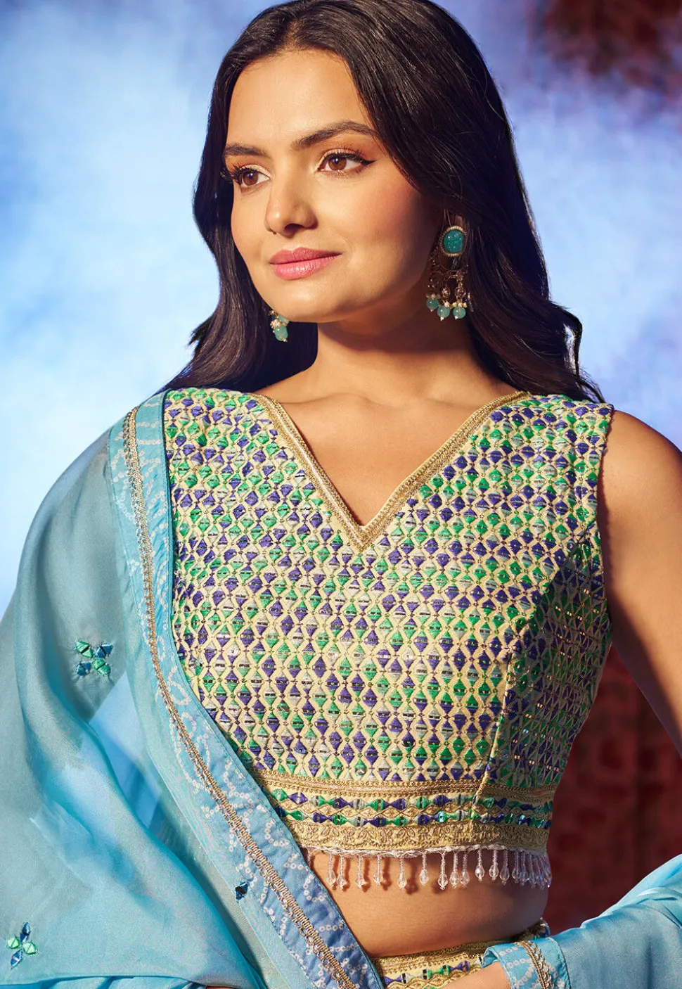 Bandhej Printed Organza Lehenga in Blue