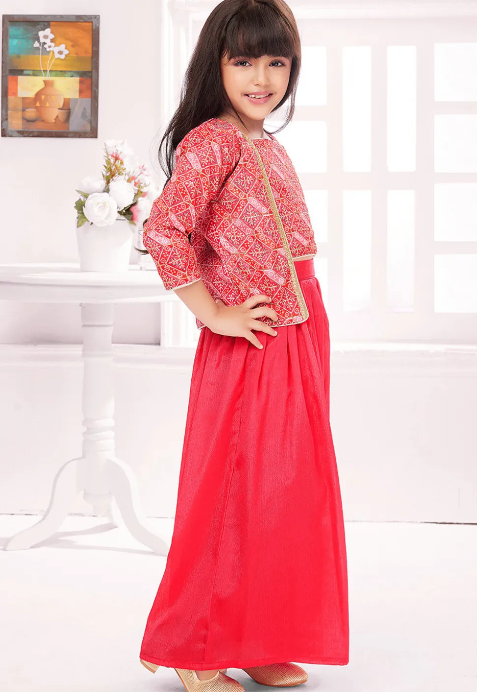 Bandhej Printed Polyester Crop Top Set in Pink