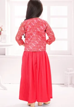 Bandhej Printed Polyester Crop Top Set in Pink