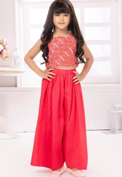 Bandhej Printed Polyester Crop Top Set in Pink