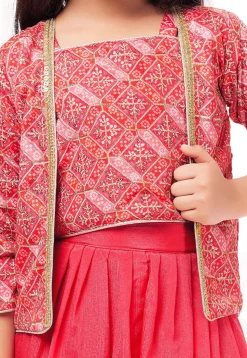 Bandhej Printed Polyester Crop Top Set in Pink