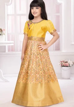 Bandhej Printed Polyester Gown in Beige and Yellow