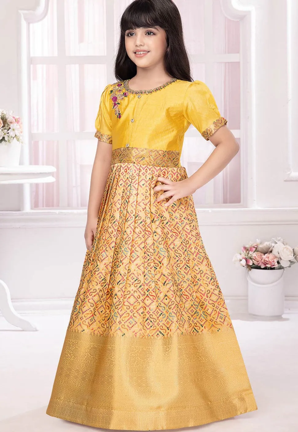 Bandhej Printed Polyester Gown in Beige and Yellow
