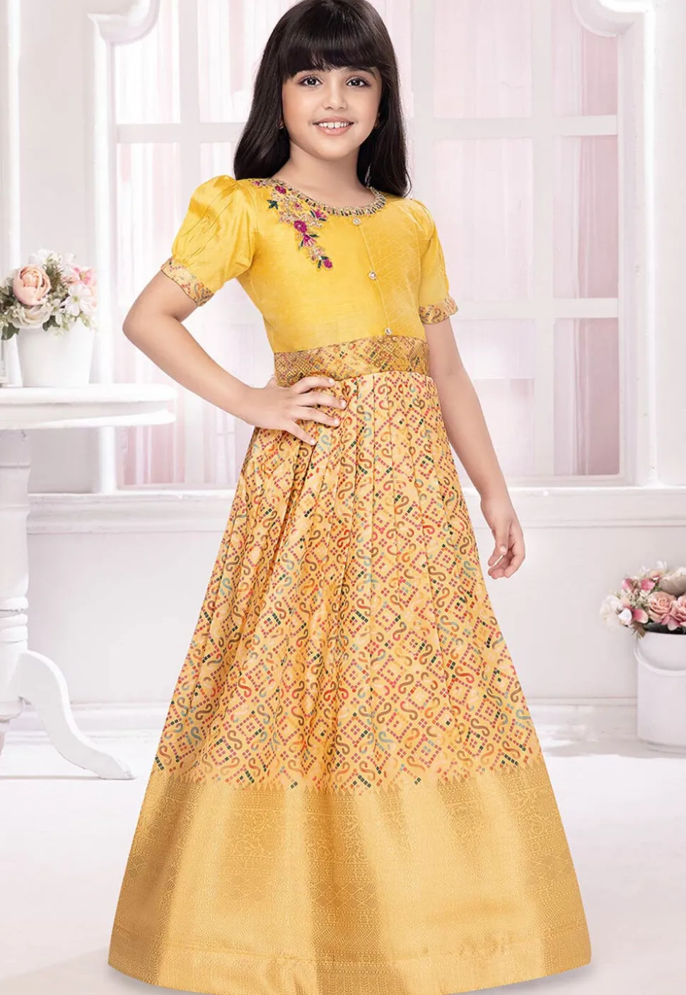Bandhej Printed Polyester Gown in Beige and Yellow