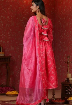 Bandhej Printed Pure Chanderi Silk Aline Suit in Fuchsia