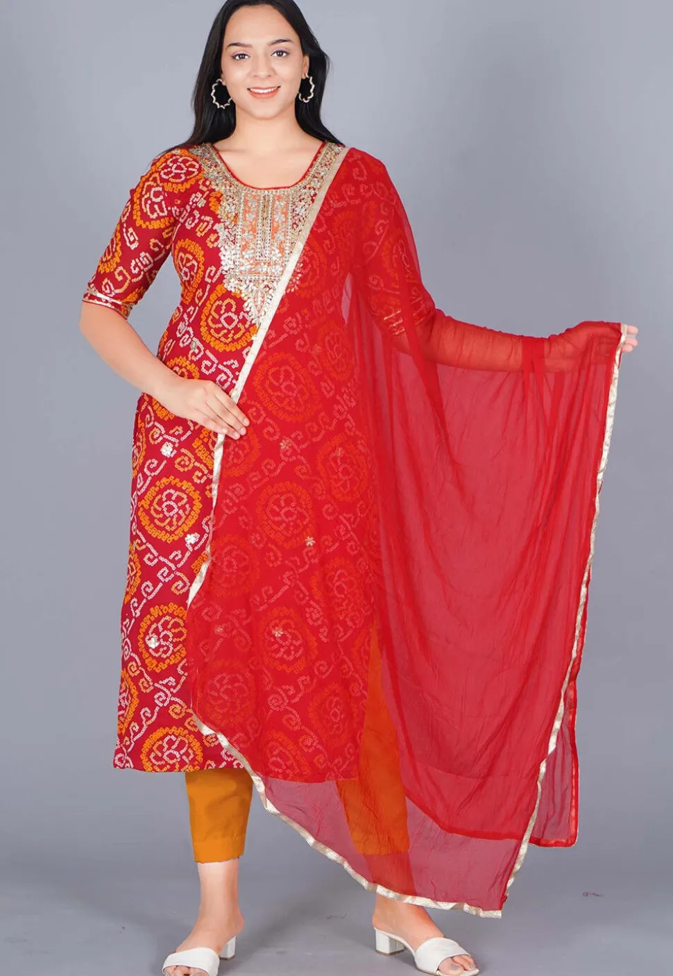 Bandhej Printed Pure Chinon Crepe Straight Suit in Red