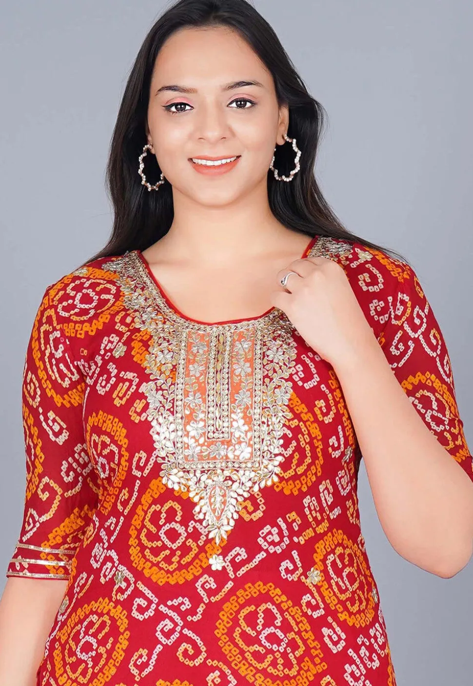 Bandhej Printed Pure Chinon Crepe Straight Suit in Red
