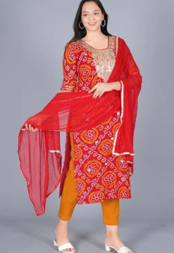 Bandhej Printed Pure Chinon Crepe Straight Suit in Red