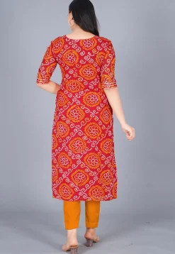 Bandhej Printed Pure Chinon Crepe Straight Suit in Red