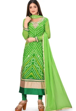 Bandhej Printed Pure Chinon Crepe Straight Suit in Light Green
