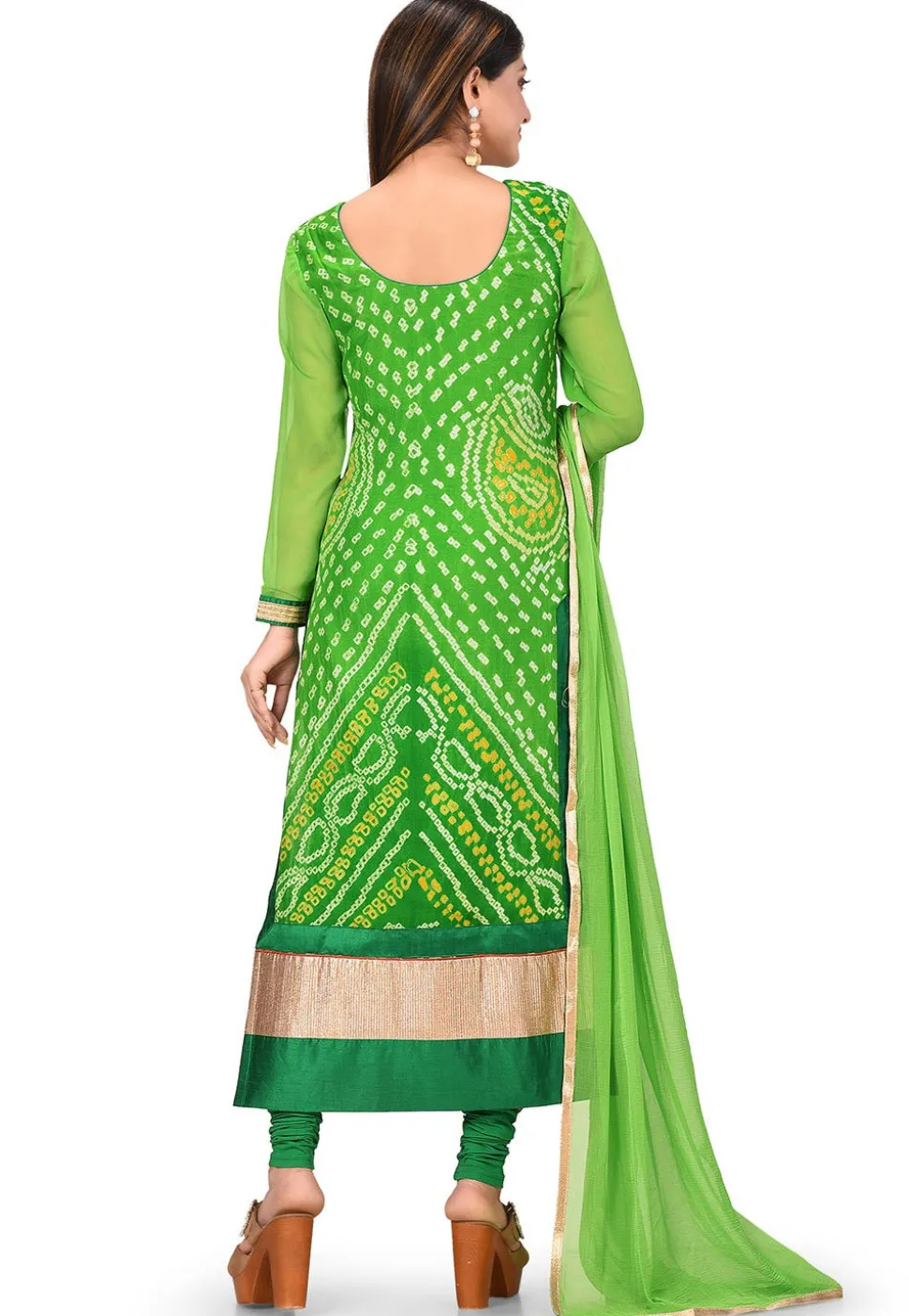 Bandhej Printed Pure Chinon Crepe Straight Suit in Light Green