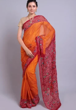 Bandhej Printed Pure Chinon Crepe Saree in Orange