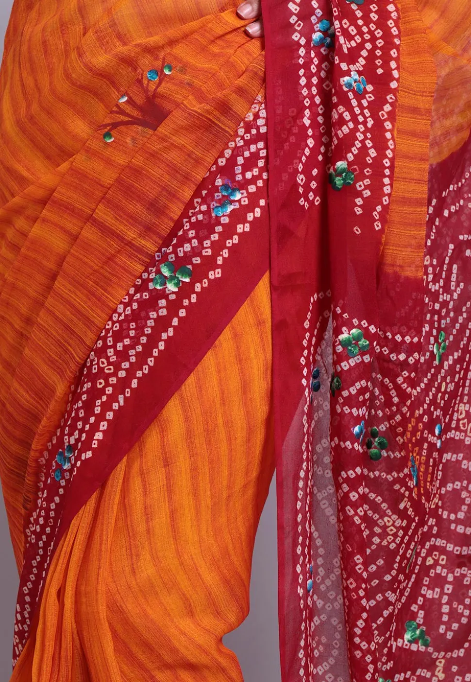 Bandhej Printed Pure Chinon Crepe Saree in Orange