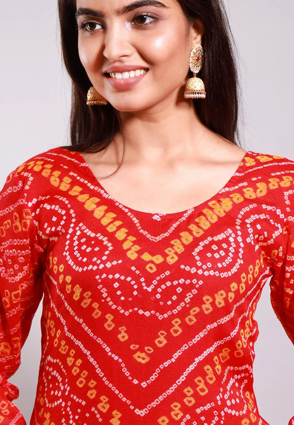 Bandhej Printed Pure Chinon Crepe Straight Suit in Red