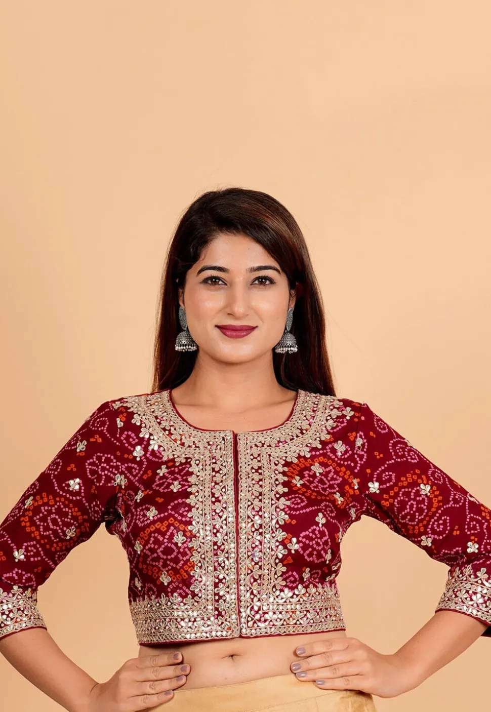Bandhej Printed Pure Chinon Crepe Blouse in Maroon