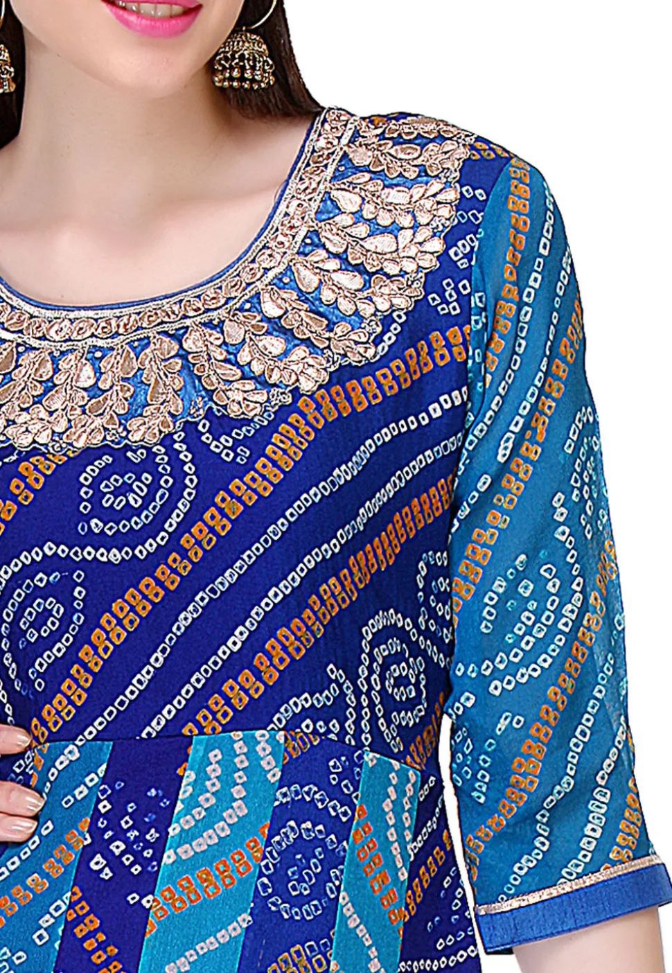 Bandhej Printed Pure Chinon Crepe Anarkali Suit in Blue