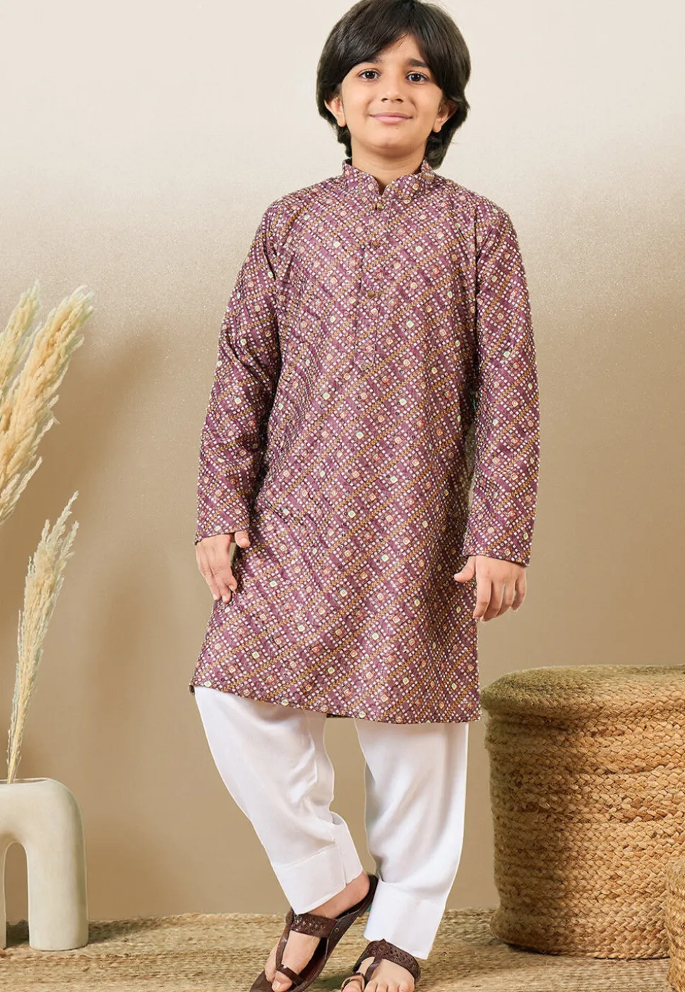 Bandhej Printed Pure Cotton Kurta Set in Dark Old Rose