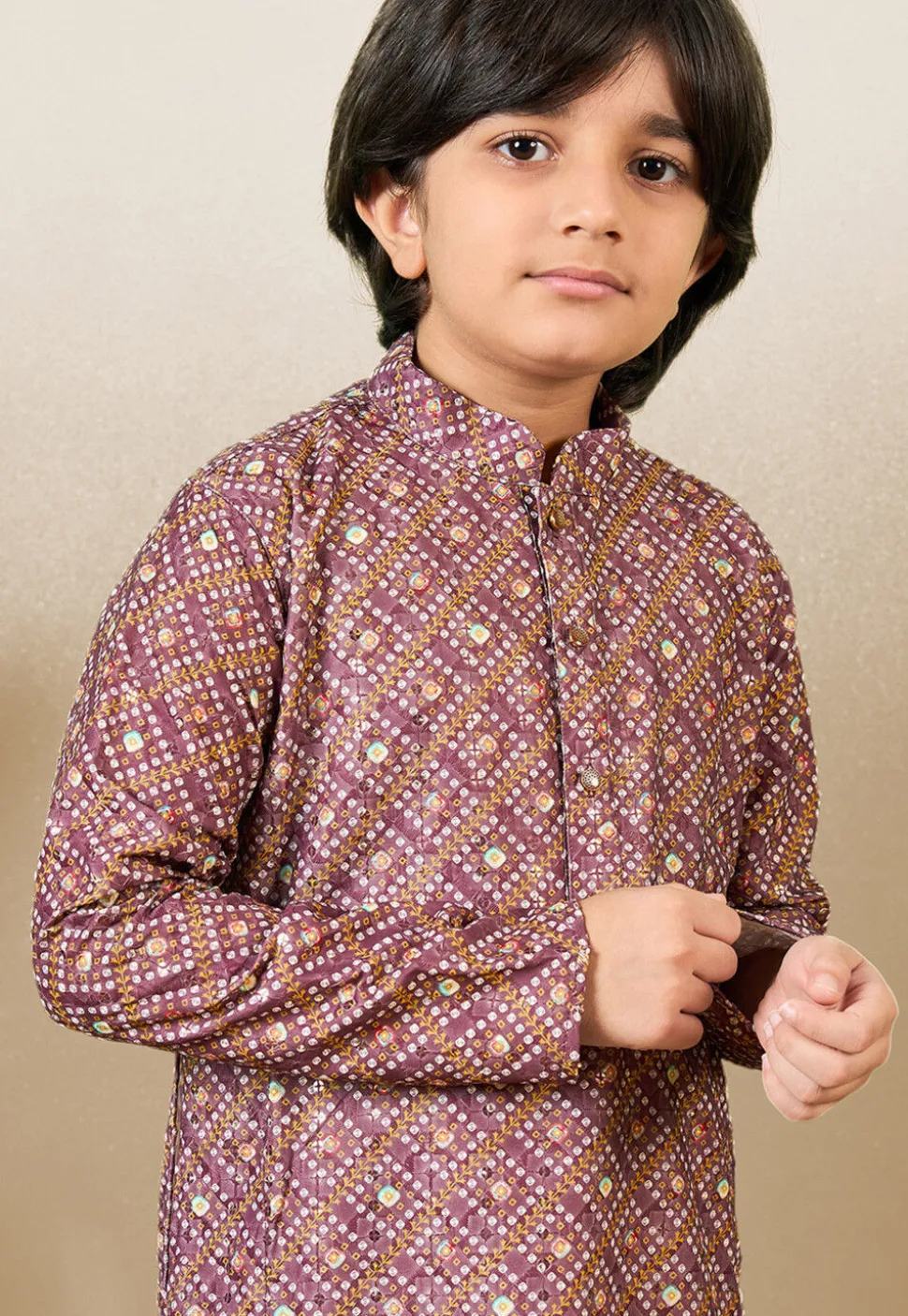 Bandhej Printed Pure Cotton Kurta Set in Dark Old Rose