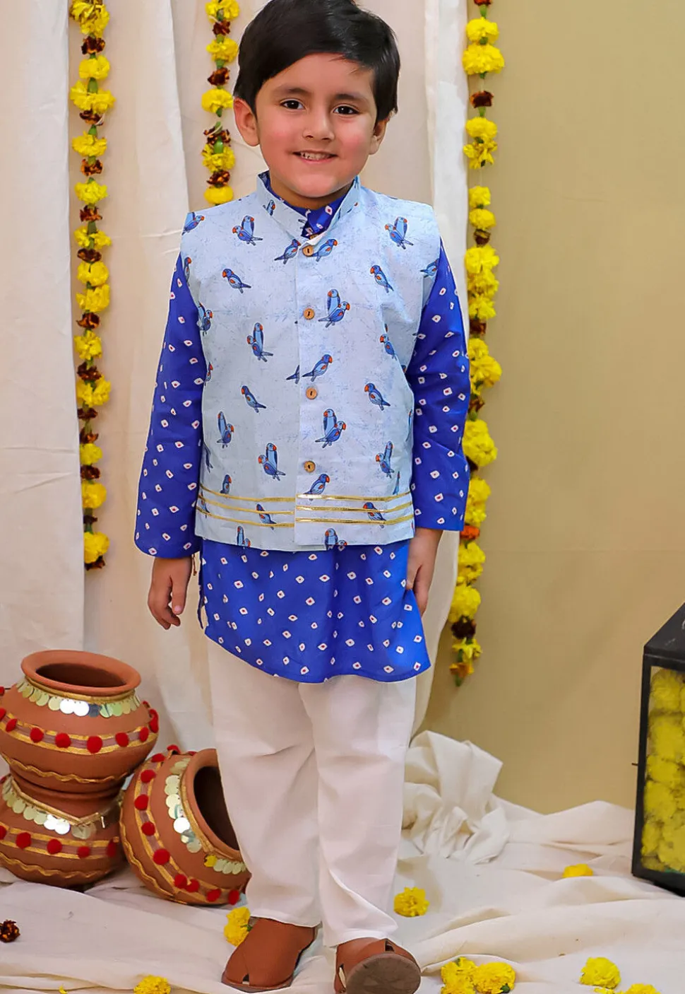 Bandhej Printed Pure Cotton Kurta Set in Royal Blue