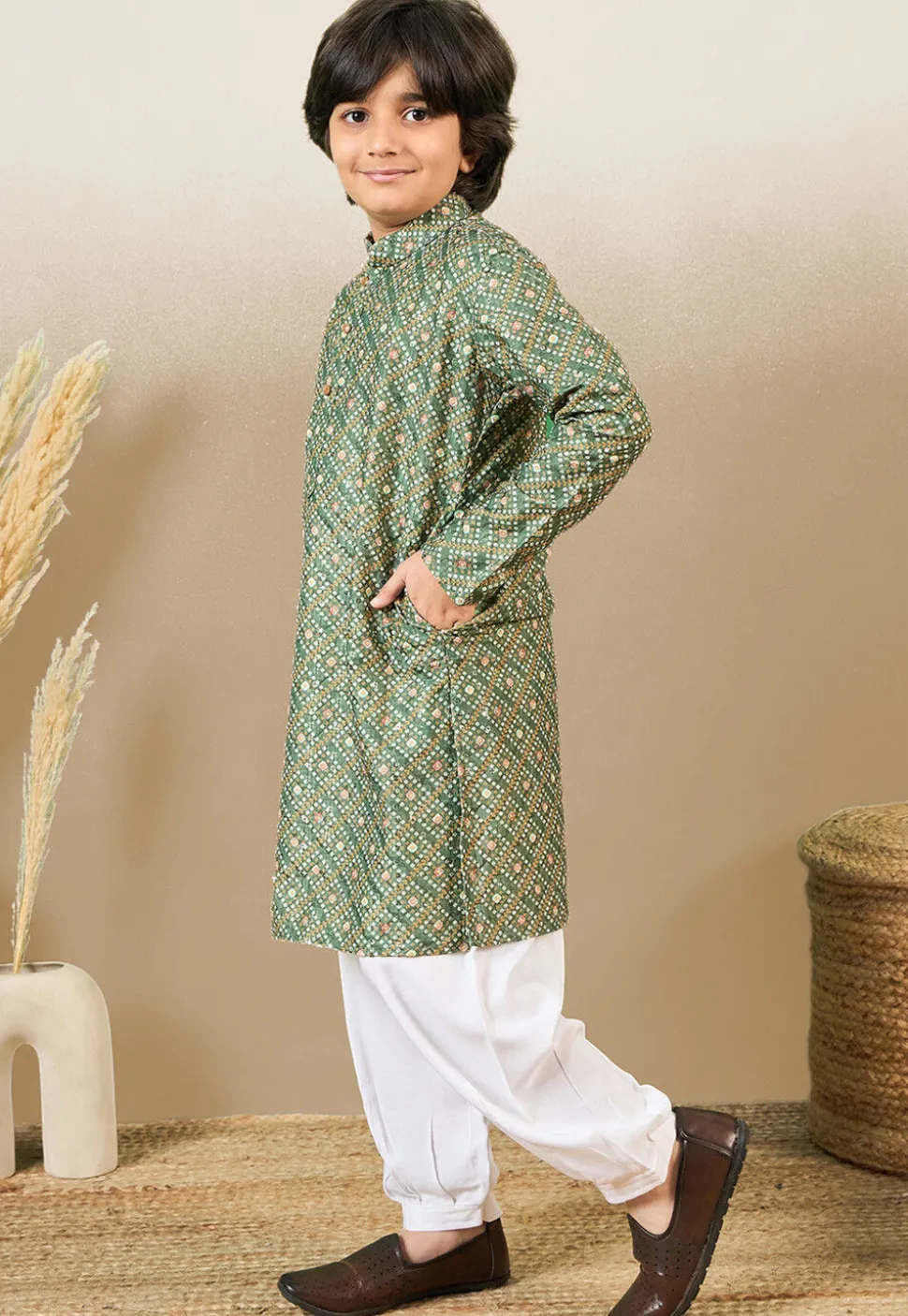 Bandhej Printed Pure Cotton Kurta Set in Dusty Green