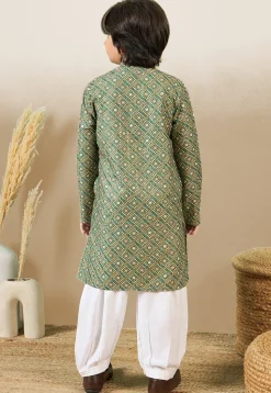 Bandhej Printed Pure Cotton Kurta Set in Dusty Green