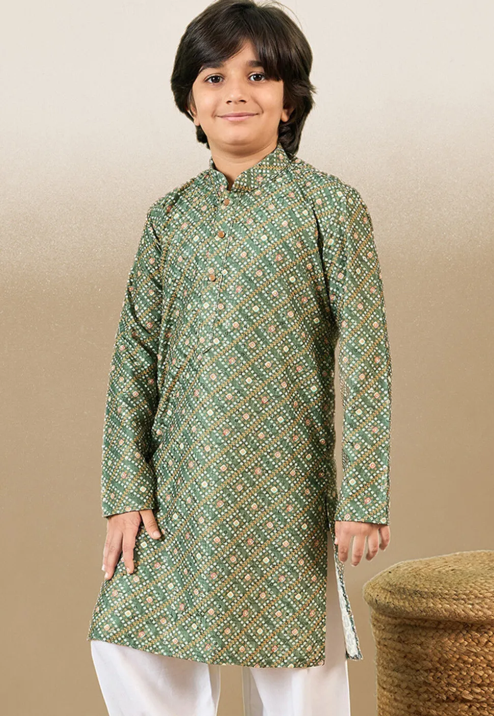Bandhej Printed Pure Cotton Kurta in Dusty Green