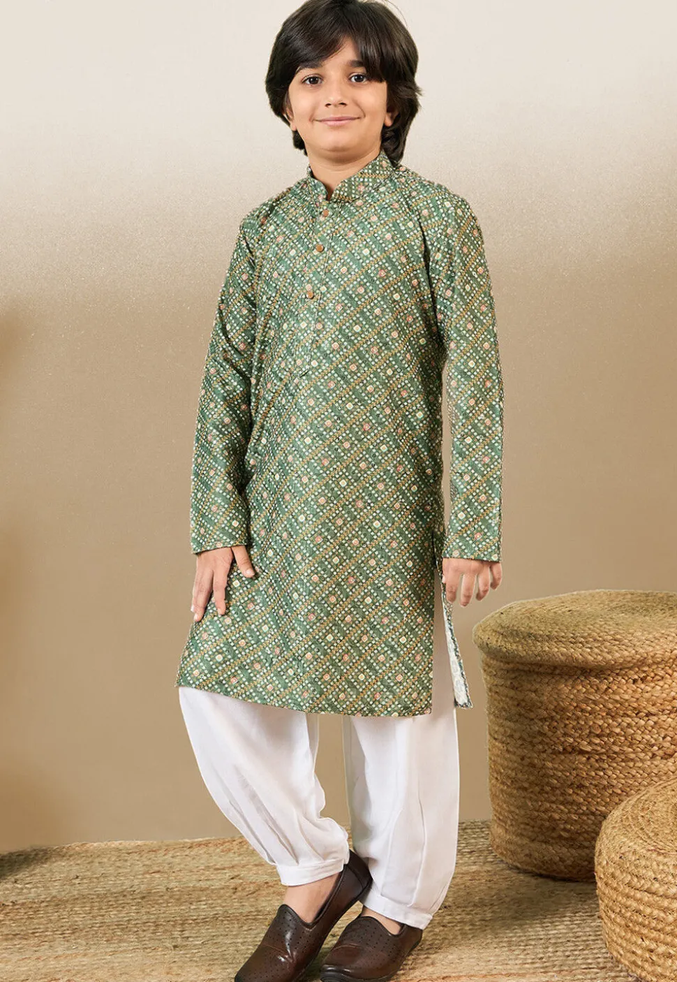 Bandhej Printed Pure Cotton Kurta in Dusty Green