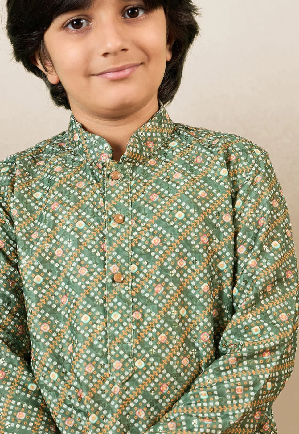 Bandhej Printed Pure Cotton Kurta in Dusty Green