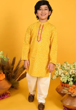 Bandhej Printed Pure Cotton Kurta Set in Yellow