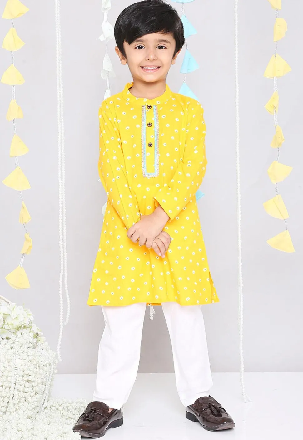 Bandhej Printed Pure Cotton Kurta Set in Yellow