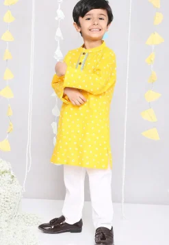 Bandhej Printed Pure Cotton Kurta Set in Yellow